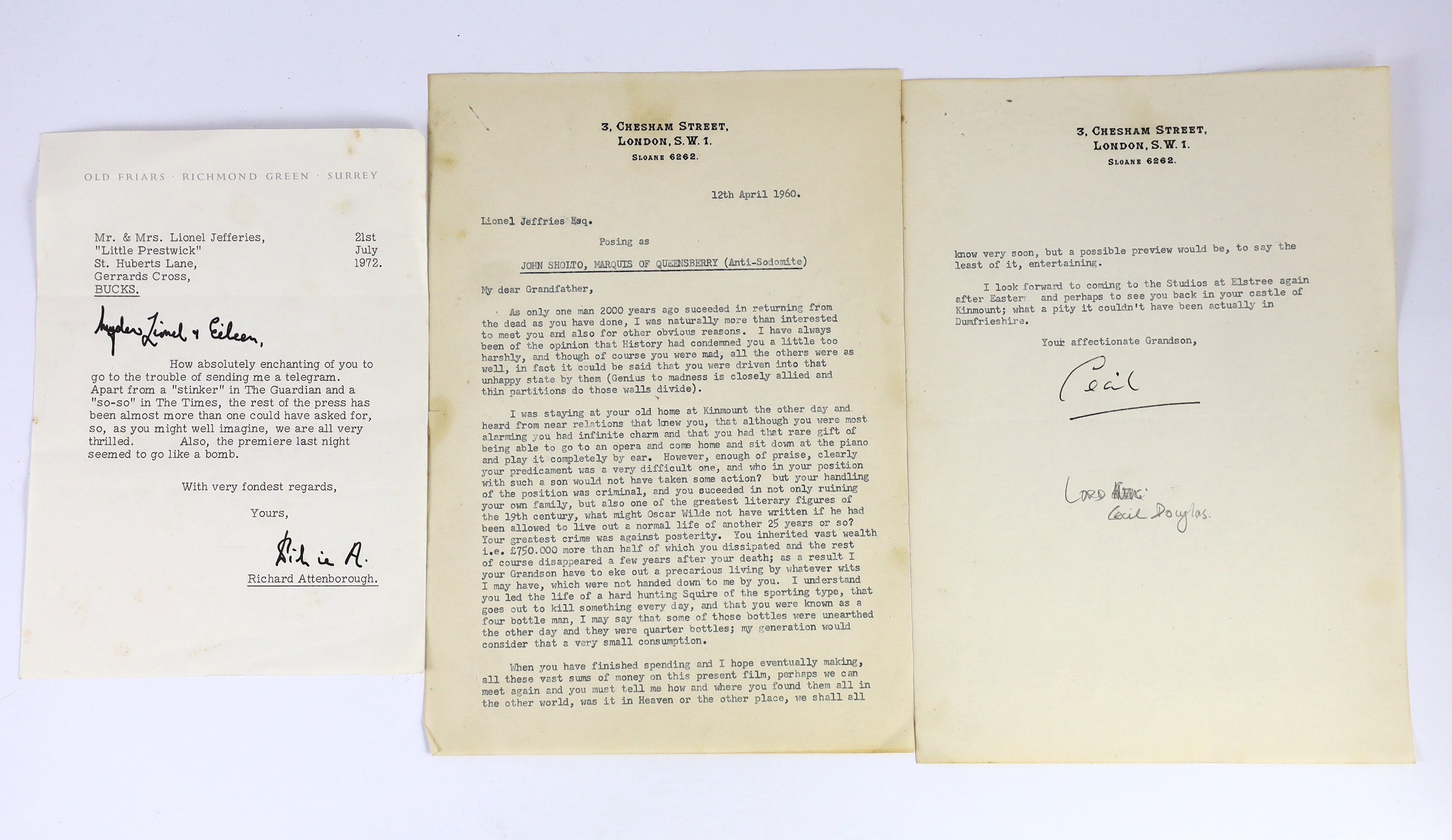 A collection of 13 autograph letters and telegrams to Lionel Jeffries, from 20th century film and theatre celebrities, consisting